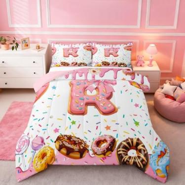 Imagem de Erosebridal Conjunto de edredom com laço rosa para meninas, solteiro, alfabeto, monograma, com inicial R, com enchimento de edredom colorido, branco, rosquinha, doce, ultramacio, moderno, moderno