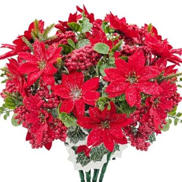 Imagem de Guagb Poinsétias artificiais de flores de Natal com frutas vermelhas falsas, 2 peças de buquê floral falso de seda com glitter para uso ao ar livre, interior, mesa de casa, decoração de guirlanda