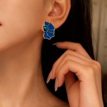 Imagem de Brincos de flores grandes para mulheres, brincos de flor azul boho brinco floral grosso joia de cristal azul, Large, Latão, Sem pedra preciosa