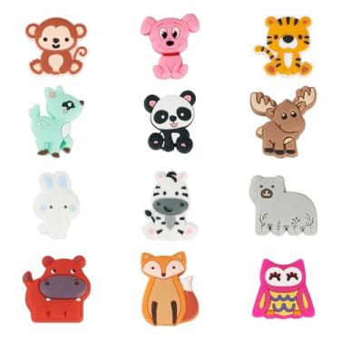 Imagem de 12 peças de contas de silicone de animais de desenho animado, urso, gado, coruja, cervo, borracha, espaçador, contas para canetas, chaveiros, colares, acessórios, joias, artesanato, artesanato