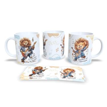 Imagem de Caneca de Cerâmica com Leão Roqueiro, Design Artístico, Estampa Musical em Jeans, Xícara para Café e Chá, 325ml (18803)