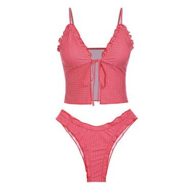 Imagem de Conjunto de biquíni Seamoly Tie Front Ruffle Swimsuit Red Gingham para