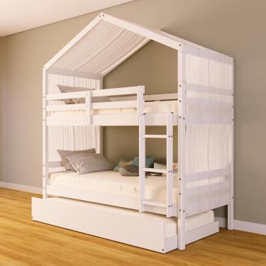 Imagem de Treliche Solteiro Casinha com Cortina Madeira Maciça Branco Megamobilia