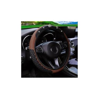 Imagem de Couslcd Capa de volante de carro brilhante, couro diamante, cristal, strass, veículos, protetor de volante, acessórios de decoração de interiores automotivos, antiderrapante, ajuste universal (marrom)