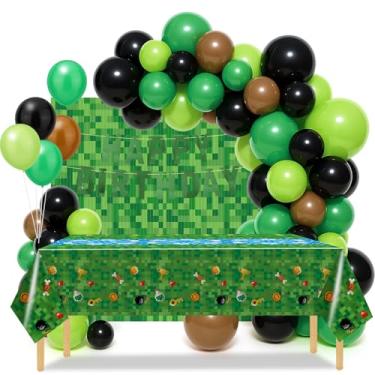 Imagem de Conjunto Decorações Aniversário Pixel para Meninos, Suprimentos Festa Pixel com 120 Balões Bandeira Happy Birthday Toalha Mesa & 2 Cortinas Franjas Decoração com Tema Videogame para Crianças