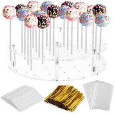 Imagem de acDesign Suporte para bolo pop de 36 furos com palitos, suporte transparente para pirulito com 100 palitos de bolo, 100 palitos de pirulito, 100 peças de gravatas douradas, 1 pacote