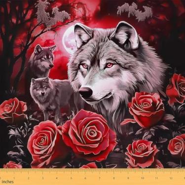 Imagem de jejeloiu Tecido de estofamento de lobo para cadeiras para crianças, meninos, meninas, animais, lobos, impermeável, decoração interna e externa, tecido floral rosa vermelha da The Yard 2 jardas quarto