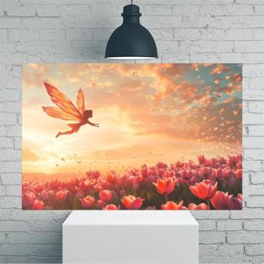 Imagem de Fada voando sobre o campo de tulipas ao pôr do sol arte de parede em tela rústica vintage - Pôster sem moldura de 30,5 x 45,7 cm - Ideia de presente para decoração de casa e escritório para sala de