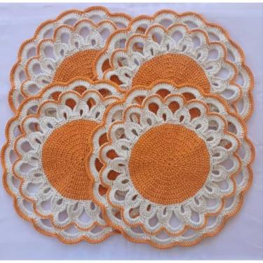 Imagem de Jogo Americano - Sousplat de Crochê (kit 4 peças) (Cru/Laranja)