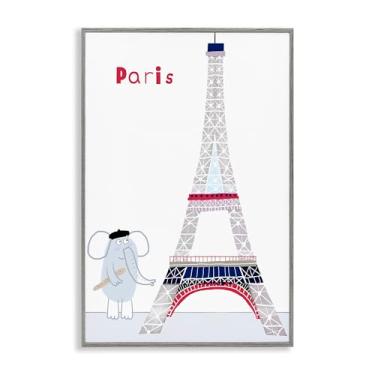 Imagem de Stupell Industries Elefante e Torre Eiffel Arte Giclée emoldurada branca, design por Carla Daly, 61 x 40 cm