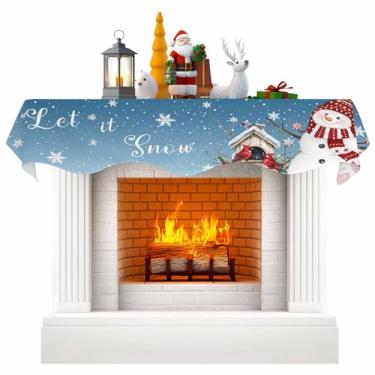 Imagem de Lenço de cornija de cobertura de lareira de Natal ombré azul, boneco de neve de inverno, flocos de neve, pássaros, lareira, cachecóis de lareira para prateleira superior cachecol de mesa para