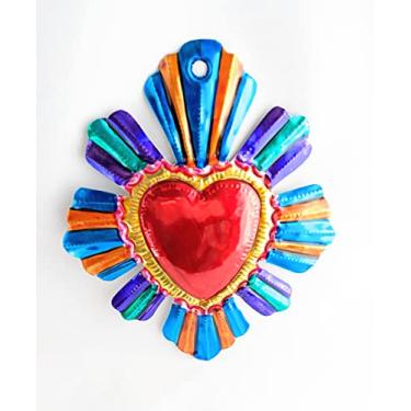 Imagem de MEXICAN SAGRADO CORAÇÃO DE ESTANHO PINTADO À MÃO EMBOSSED E FABRICADO MILAGROS FOLK ART CHARMS Ornamentos de decorações artesanais