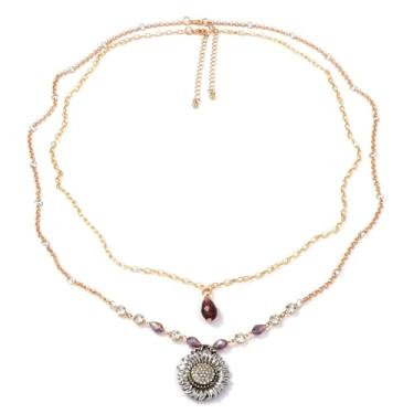Imagem de LUREME Colar Boho de camada dupla para mulheres, pingente de girassol prata antigo e corrente de contas de gota roxa, joias boêmias em camadas ajustáveis (nl006390)