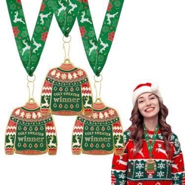 Imagem de Slergut 3 peças de medalhas de suéter feio de Natal com fita de pescoço, colar de prêmios do concurso de suéter feio para vencedor do prêmio de troféu de inverno e Natal