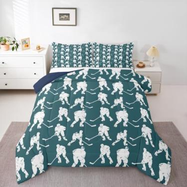 Imagem de Erosebridal Jogo de cama casal de jogador de hóquei no gelo, azul e branco, bola competitiva, jogos competitivos, edredom para crianças, meninas, meninos, atividades, jogos, decoração para todas as