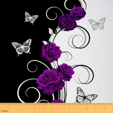 Imagem de Erosebridal Tecido de estofamento rosa roxa, tecido borboletas voadoras por jarda, tecido decorativo floral de jardim, natureza, vida selvagem, interior e exterior, preto e branco, 1 jarda