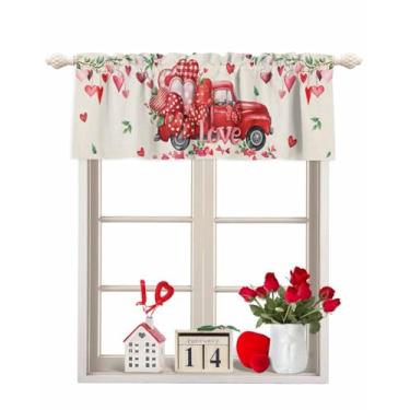 Imagem de Cortinas de Natal para janelas de cozinha vintage para sala de estar, quarto, coração, cortinas curtas para tratamentos de janela, caminhão, vermelho, linho, dia dos namorados, saia com bolso para