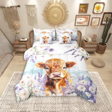 Imagem de Erosebridal Jogo de cama casal de vaca Highland com estampa de vaca fofa, 7 peças, margarida de jardim, para quarto de crianças, meninas, adolescentes, mulheres, conjunto de cama de lavanda roxa