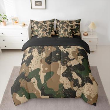 Imagem de jejeloiu Conjunto de edredom camuflado com 7 peças, tamanho casal, camuflagem, exército, estilo colorido, verde militar, decoração de quarto para crianças, meninos, meninas, microfibra leve