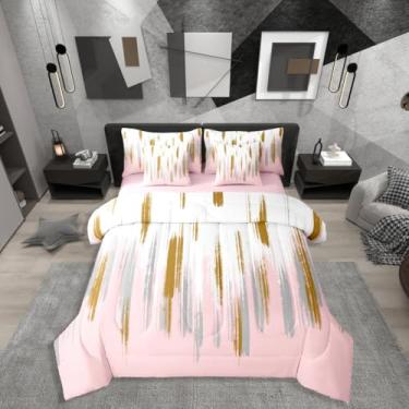 Imagem de Conjunto de edredom feminino rosa com lençol completo, grafite ombré, listrado, 7 peças, para quarto abstrato moderno, pinceladas, cinza, amarelo, pintura a óleo, cama em uma bolsa, arte estética