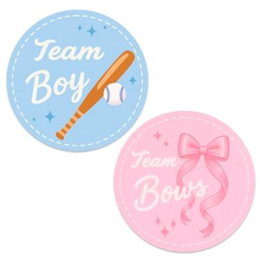 Imagem de 54 Un. Autocolantes de Revelação Género para Meninos e Meninas, Etiquetas Autocolantes Redondas 5 cm Rosa e Azul Decoração para Chá Bebé com Tema de Basebol ou Laços