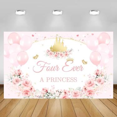 Imagem de AIBIIN Pano de fundo de aniversário de princesa, decoração de festa de princesa, faixa rosa de 4º aniversário, floral, ouro real, castelo, balão, adereço, 1,8 x 1,1 m
