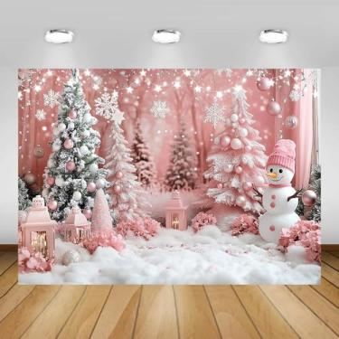 Imagem de AIBIIN Pano de fundo rosa de Natal de 2,1 x 1,5 m, rosa, inverno, boneco de neve, floco de neve, cenário de neve, aniversário, chá de bebê, vinil, adereços de estúdio fotográfico