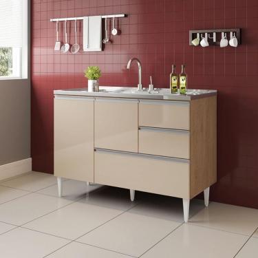 Imagem de Balcão Maceió Para Pia 1,20 2 Portas Com Gavetão Amêndoa Off