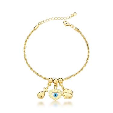Imagem de Pulseira Cordão Baiano Com Olho Grego E Trevo Banhado A Ouro 18k - 18cm
