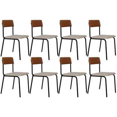 Imagem de Kit 08 Cadeiras Estofada Para Sala De Jantar Sense Preto C01 Linho Palha Courino Caramelo - Lyam Decor