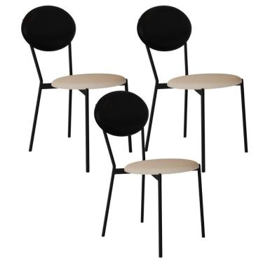 Imagem de Kit 03 Cadeiras Estofada Para Sala De Jantar Azuri Preto C01 Linho Areia Courino Preto - Lyam Decor