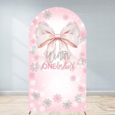 Imagem de Winter Onederland 1º aniversário arco pano de fundo 2,2 m inverno pastel rosa laço festa bebê menina floco de neve elastano tecido elástico arqueado foto cabine fundo placa de boas-vindas 1,2 x 2,2 m