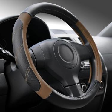 Imagem de Capa de volante de couro premium - ajuste universal, fácil de instalar, envoltório de couro durável e confortável (PG-marrom1)