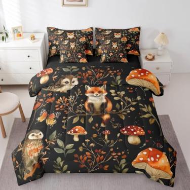 Imagem de Jogo de cama casal, 7 peças, coruja, cogumelo selvagem, decoração de quarto de crianças, meninas, adultos, animais e plantas, edredom boêmio, lençol de cima, 2 fronhas, 2 fronhas