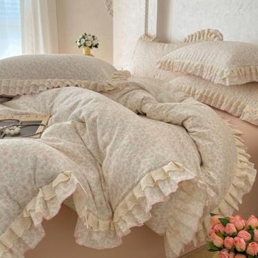 Imagem de VM VOUGEMARKET Conjunto de capa de edredom solteiro com babados, vintage para jardim, floral, capa de edredom com 2 fronhas, conjunto de cama de algodão de gaze de camada dupla, confortável