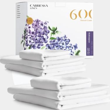 Imagem de Carressa Linen Jogo de cama king size 100% algodão egípcio - 600 fios de algodão egípcio queen size (4 peças, branco frio), macio, refrescante, lençol de cama luxuoso de 40,6 cm com bolso profundo de