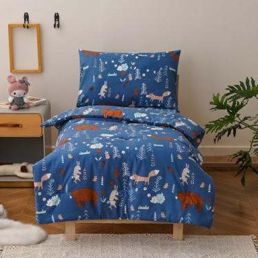 Imagem de honey qiao Jogo de cama infantil com tema floresta, para meninas, meninos, urso raposa, 4 peças, macio, azul