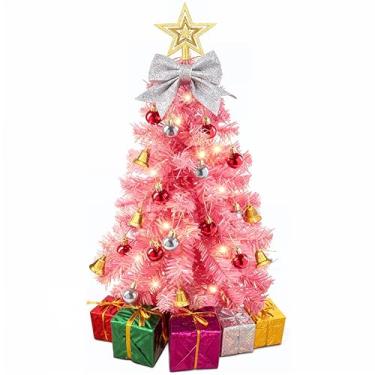 Imagem de Pequena árvore de Natal rosa com luzes – Mini árvore de Natal de mesa de 58 cm com luzes de LED brancas quentes, enfeites para pendurar, laço decorativo e caixas de presente – Árvore de mesa para