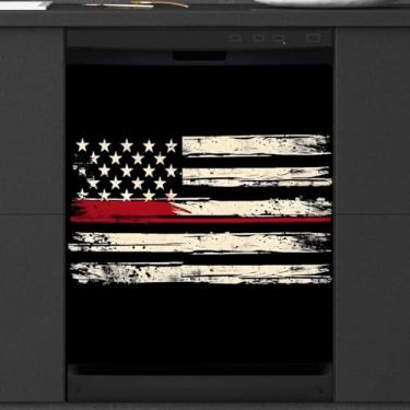 Imagem de Capa magnética para lava-louças, bandeira americana vintage capa magnética para decoração de lava-louças, capa de porta magnética para lava-louças, decalque para cozinha, eletrodomésticos, 58 x 66 cm