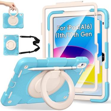 Imagem de Andnary Capa para iPad (A16) 11ª/10ª geração 28.9 cm 2025/2022, capa resistente à prova de choque com alça de rotação de 360°/suporte/suporte de caneta/alça de ombro, azul + branco