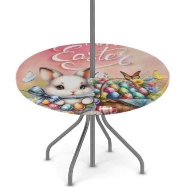 Imagem de hongjinglin Toalha de mesa de Páscoa para uso ao ar livre com orifício para guarda-chuva, toalha de mesa redonda elástica com zíper, impermeável, limpável, para piquenique, festa, pátio, serve para