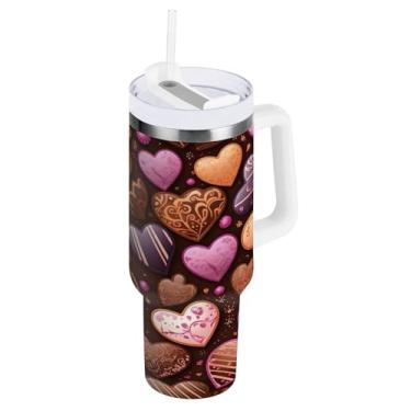 Imagem de ATTX Copo de coração de chocolate de 1,134 g com alça, copo de aço inoxidável a vácuo de parede dupla com palha, caneca de café de viagem isolada #521