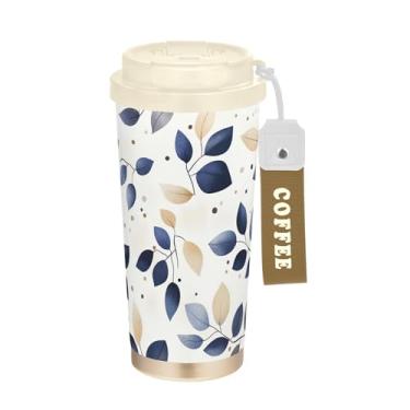 Imagem de SEHANY Caneca de viagem Green Leaves de 482 ml Copos de café reutilizáveis revestidos de cerâmica com tampa à prova de vazamento, parede dupla, isolamento a vácuo, copo de café de aço inoxidável para