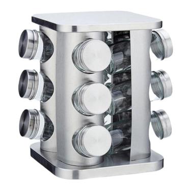 Imagem de Porta Condimento Tempero Inox 12 Potes Vidro Giratório