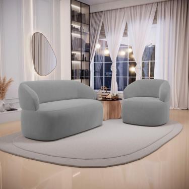 Imagem de Kit Poltrona Giratória E Sofá Orgânico Living Glee 02 Lugares 140cm Veludo Cinza - Abmaza