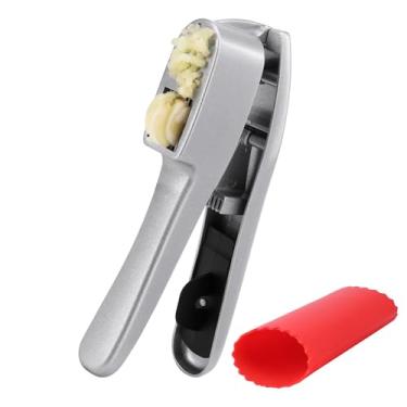 Imagem de Conjunto de espremedor de alho e descascador - Rolo de tubo de descascador de alho de silicone e espremedor de alho de alumínio com ferramenta de limpeza embutida, triturador de alho, picador e