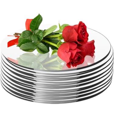 Imagem de Pacote com 8 peças centrais redondas espelhadas para decoração de mesas, bandeja de espelho de vidro circular de acrílico de 20 cm, placa de vela, decoração de mesa de centro de mesa para decoração de