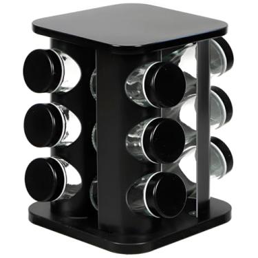 Imagem de Porta Temperos Giratório com 12 Potes de Vidro, Preto, 22cm Altura, 4 Níveis, Capacidade 90ml por Pote, Aço Inox e ABS