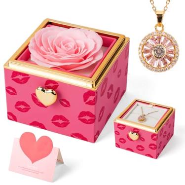 Imagem de mountova Caixa de joias dobrável para presente com colar surpresa giratório, rosa artificial oculta, caixa de beijo para namorada, esposa, presente de aniversário, casamento, Natal