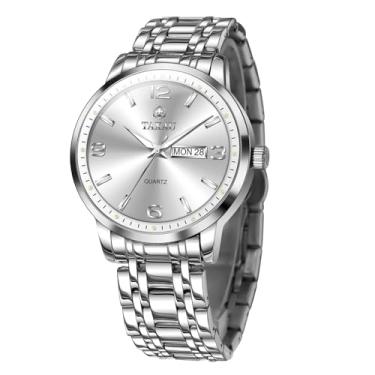 Imagem de Taxau Relógio masculino à prova d'água, luxuoso, minimalista, analógico, quartzo, com data, dia, aço inoxidável, casual, clássico, prata, relógio masculino com escala luminosa e ponteiros para hombres